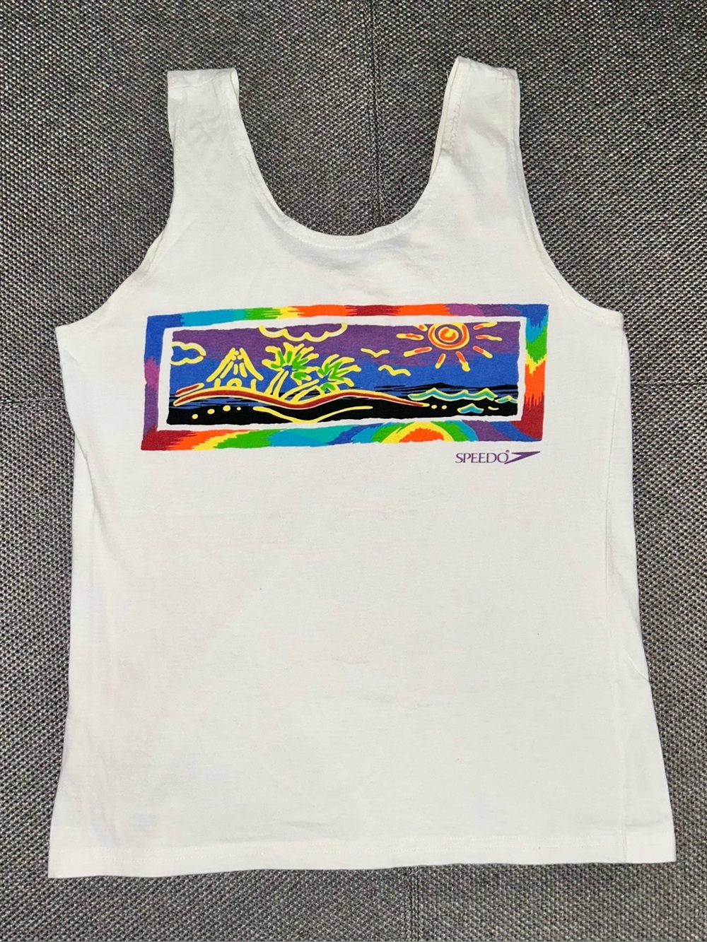 Vintage 90s Speedo White Tank with Rainbow Tropical Print